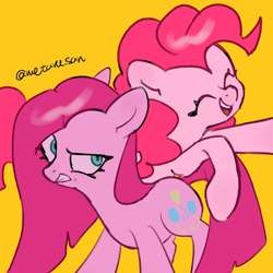 Size: 4096x4096 | Tagged: safe, artist:metaruscarlet, derpibooru import, pinkie pie, earth pony, pony, g4, glare, open mouth, pinkamena diane pie, raised hoof, raised leg, simple background, smiling, teeth, yellow background