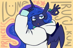 Size: 3000x2000 | Tagged: safe, artist:lrusu, derpibooru import, princess luna, alicorn, anthro, g4, clothes, cute, eyeshadow, female, hoodie, horn, lidded eyes, looking at you, makeup, mare, ok hand sign, solo, text, tongue, tongue out, wings