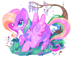 Size: 1560x1241 | Tagged: safe, artist:sparkleanimal, derpibooru import, oc, oc only, oc:wistful, insect, pegasus, pony, g3, 2022, ant, artfight, big ears, big eyes, colored eyelashes, crouching, ears, eyelashes, female, female oc, flower, freckles, g3 oc, gift art, grass, green eyes, heart, heart mark, isopod, lineless, mare oc, multicolored mane, multicolored tail, not rarity (g3), old art, pegasus oc, shiny mane, shiny tail, signature, simple background, solo, sparkles, sparkly mane, sparkly tail, sparkly wings, spread wings, tail, three quarter view, transparent background, tree, wavy tail, wings, wisteria