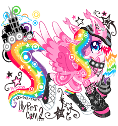 Size: 1500x1600 | Tagged: safe, artist:sparkleanimal, derpibooru import, oc, oc only, oc:princess unregistered hypercam 2, alicorn, pony, alicorn oc, black hooves, blank flank, blue eyes, blush sticker, blushing, chest fluff, clothes, coat markings, colored belly, colored hooves, colored horn, colored horntip, colored pinnae, colored wings, colored wingtips, coontails, ear fluff, ear piercing, ear tufts, earring, ears, ethereal mane, ethereal tail, eye markings, eyelashes, facial markings, female, female oc, fishnet clothing, fishnet stockings, frutiger metro, gradient wingtips, hat, heart, heart eyes, high tops, hoof shoes, hooves, horn, jewelry, leg markings, leg warmers, mare, mare oc, mealy mouth (coat marking), multicolored hair, multicolored mane, multicolored tail, open mouth, open smile, pale belly, piercing, pink coat, preview, profile, rainbow hair, rainbow tail, shiny hooves, shoes, signature, simple background, smiling, sneakers, solo, sparkles, sparkly horn, sparkly mane, spread wings, star earring, starry eyes, starry mane, starry tail, stockings, striped leg warmers, studded collar, swirls, swirly markings, tail, tall ears, thigh highs, two toned horn, unicorn horn, white background, white wingtips, wing markings, wingding eyes, wings