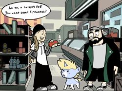 Size: 1158x866 | Tagged: safe, artist:nootaz, derpibooru import, oc, oc:nootaz, clerks, indoors, jay, silent bob, style emulation