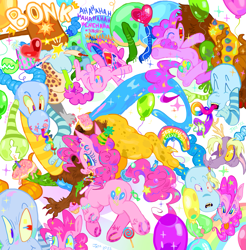 Size: 1913x1947 | Tagged: safe, artist:sparkleanimal, derpibooru import, pinkie pie, oc, oc:pantomime, draconequus, earth pony, pony, g4, 2022, ><, abstract, balloon, blue eyelashes, blue sclera, blush lines, blushing, bracelet, cake, candle, candy, candy in hair, candy in tail, cartoon physics, claws, colored claws, colored head, colored horns, colored lineart, colored sclera, colored tail, colorful, commission, crying, cupcake, draconequus oc, duo, ear markings, ear piercing, earring, ears, emanata, ethereal mane, eyelashes, eyes closed, floppy ears, fluffy, food, hair accessory, hammer, heart, heart balloon, heterochromia, hoof fluff, horns, horseshoes, jewelry, laughing, lidded eyes, lollipop, looking at someone, lop ears, mane accessory, messy face, mismatched eyes, mismatched legs, monster, motion lines, multicolored tongue, old art, onomatopoeia, open mouth, open smile, piercing, pink coat, pink mane, pink tail, purple eyelashes, rainbow, rainbow tongue, shiny horns, signature, smiling, starry eyes, starry mane, starry tail, tail, tail accessory, tears of laughter, tongue, tongue out, wingding eyes, yellow sclera