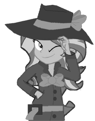 Size: 1126x1438 | Tagged: safe, artist:mlpfan3991, derpibooru import, sunset shimmer, human, equestria girls, g4, black and white, clothes, detective, detective rarity, detective shimmer, fedora, female, grayscale, hat, monochrome, noir, simple background, solo, sunset shimmer day, transparent background, trenchcoat