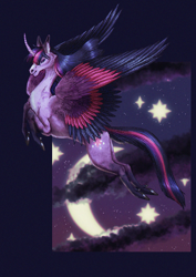 Size: 1736x2456 | Tagged: safe, artist:ossian94, derpibooru import, twilight sparkle, twilight sparkle (alicorn), alicorn, pony, g4, cheek fluff, colored wings, crescent moon, curved horn, female, flying, high res, hoers, horn, mare, moon, multicolored wings, solo, spread wings, starry night, wings