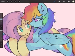 Size: 2224x1668 | Tagged: safe, artist:numetalalicorn, derpibooru import, fluttershy, rainbow dash, pegasus, pony, g4, art program in frame, blushing, chest fluff, colored hooves, cuddling, duo, ear piercing, female, flutterdash, hooves, lesbian, mare, no pupils, piercing, procreate app, screenshots, shipping