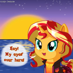 Size: 1980x1986 | Tagged: safe, artist:codenamekid, derpibooru import, sunset shimmer, pony, unicorn, g4, afternoon, badge, clothes, equestria girls outfit, gradient background, highlights, horn, jacket, looking at you, music festival outfit, pants, shading, shirt, solo, stars, sun, sunset, sunset shimmer day, talking to viewer, text, water