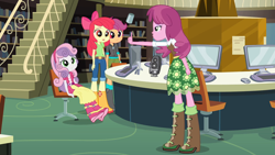 Size: 1280x720 | Tagged: safe, derpibooru import, screencap, apple bloom, cheerilee, scootaloo, sweetie belle, equestria girls, g4, boots, bow, canterlot high, computer, cutie mark crusaders, hair bow, indoors, library, my little pony equestria girls, shoes, speaker, staircase