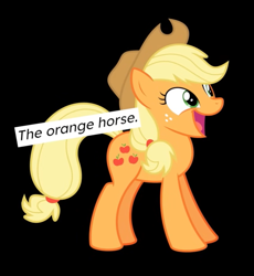 Size: 837x911 | Tagged: safe, derpibooru import, edit, edited screencap, screencap, applejack, earth pony, horse, pony, g4, applejack's hat, black background, captain obvious, clothes, cowboy hat, cropped, description, female, happy, hat, mare, open mouth, simple background, smiling, solo, text, youtube video