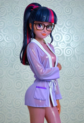 Size: 2862x4183 | Tagged: safe, ai content, derpibooru import, machine learning generated, sci-twi, twilight sparkle, human, equestria girls, g4, 3d, absolute cleavage, alternate hairstyle, beautiful, bedroom eyes, blushing, breasts, busty sci-twi, cleavage, clothes, erect nipples, female, generator:civitai, glasses, headlight sparkle, humanized, kimono (clothing), lips, lipstick, looking at you, makeup, oil, oily skin, photo, ponytail, prompter:varveithor, real dream sdxl pony12, realistic, reasonably sized breasts, red lipstick, room, sexy, side view, simple background, smiling, smiling at you, solo, standing, stupid sexy sci-twi, stupid sexy twilight, sweat, three toned hair, ultrarealistic