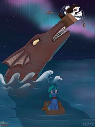 Size: 1540x2075 | Tagged: safe, artist:yumir, derpibooru import, oc, oc:jay_prime, pony, unicorn, aurora borealis, boat, collar, duo, glasses, horn, minecraft, oar, outdoors, sea monster, stars, water