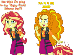 Size: 3283x2500 | Tagged: safe, artist:limedazzle, derpibooru import, adagio dazzle, sunset shimmer, equestria girls, g4, clothes swap, eye contact, it was me dio, jojo's bizarre adventure, looking at each other, looking at someone, simple background, transparent background, wig