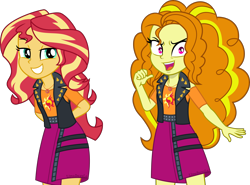 Size: 3378x2500 | Tagged: safe, alternate version, artist:limedazzle, derpibooru import, adagio dazzle, sunset shimmer, equestria girls, g4, clothes swap, jojo's bizarre adventure, pink skirt, simple background, transparent background