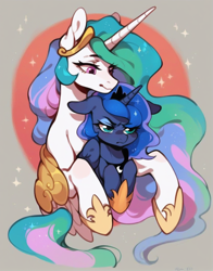 Size: 1160x1480 | Tagged: source needed, safe, ai content, derpibooru import, machine learning generated, princess celestia, princess luna, alicorn, pony, g4, cute, duo, duo female, female, hug, prompter needed, size difference