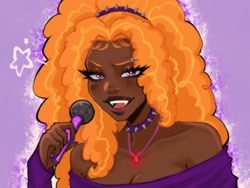 Size: 2160x1620 | Tagged: safe, artist:serawtf21, derpibooru import, adagio dazzle, human, g4, bedroom eyes, choker, clothes, dark skin, eyebrow piercing, fangs, female, gem, hairband, humanized, microphone, nail polish, nose piercing, nose ring, open mouth, piercing, purple background, shirt, simple background, siren gem, solo, spiked choker