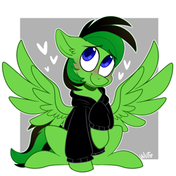 Size: 2048x2048 | Tagged: safe, artist:wutanimations, derpibooru import, oc, oc only, oc:ground writer, pegasus, pony, black hoodie, blushing, clothes, hoodie, passepartout, signature, sitting, smiling