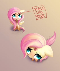 Size: 4000x4700 | Tagged: safe, artist:anastas, derpibooru import, fluttershy, pegasus, pony, g4, blushing, chibi, cute, ears, eyelashes, floppy ears, gradient background, kiss mark, lipstick, open mouth, shyabetes, solo, spread wings, sternocleidomastoid, text, wings, ych example, your character here