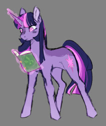 Size: 799x941 | Tagged: safe, artist:mysticalite, derpibooru import, twilight sparkle, unicorn twilight, pony, unicorn, g4, book, gray background, horn, simple background, solo