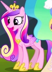 Size: 239x334 | Tagged: safe, derpibooru import, screencap, princess cadance, princess celestia, alicorn, equestria games (episode), g4, concave belly, cropped, crown, hoof shoes, jewelry, offscreen character, open mouth, peytral, regalia, slender, solo focus, standing, thin