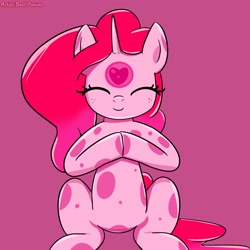 Size: 2000x2000 | Tagged: safe, artist:bestponies, derpibooru import, oc, oc only, oc:gum heart, goo, goo pony, monster pony, original species, eyes closed, female, looking at you, mare, simple background, sitting, smiling, smiling at you, solo