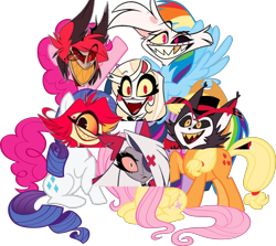 Size: 4651x4155 | Tagged: safe, artist:gab_eka(gabyshevakata), derpibooru import, edit, applejack, fluttershy, pinkie pie, rainbow dash, rarity, twilight sparkle, g4, 1000 years in photoshop, alastor, angel dust (hazbin hotel), charlie morningstar, crossover, hazbin hotel, hellaverse, husk (hazbin hotel), mane six, mane six opening poses, niffty, peak, peak derpiposting, photoshop, vaggie