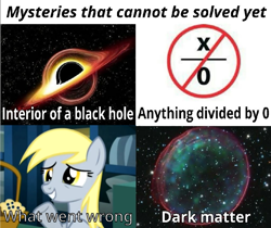 Size: 859x720 | Tagged: safe, artist:lonstecation, derpibooru import, derpy hooves, pegasus, pony, g4, black hole, dark matter, division, female, food, i just don't know what went wrong, mare, math, meme, monochrome, muffin, slice of life, solo, space, what went wrong