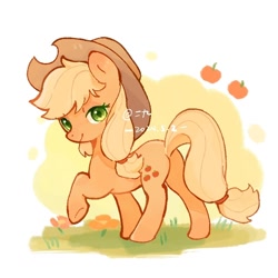 Size: 826x826 | Tagged: safe, artist:二九三拾, derpibooru import, applejack, earth pony, pony, g4, apple, butt, female, food, grass, hat, looking at you, mare, plot, raised hoof, raised leg, simple background, solo, white background