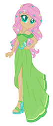 Size: 1000x2328 | Tagged: safe, artist:emmakkkkk, artist:mint-light, derpibooru import, fluttershy, human, g4, alternate hairstyle, bare shoulders, base used, clothes, dress, feet, female, flower, flower in hair, gala dress, humanized, jewelry, necklace, sandals, simple background, solo, white background