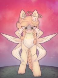 Size: 2664x3551 | Tagged: safe, artist:sodapop sprays, derpibooru import, oc, oc only, oc:sonata sprays, angel, pony, seraph, braid, chest fluff, ear fluff, ears, eye clipping through hair, halo, looking at you, multiple wings, seraphin, solo, wings