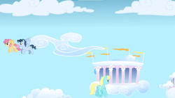 Size: 1366x768 | Tagged: safe, derpibooru import, screencap, dizzy twister, orange swirl, sassaflash, pegasus, pony, g4, sonic rainboom (episode), cloudsdale, flying, time flies