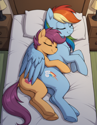 Size: 1344x1728 | Tagged: safe, ai content, derpibooru import, generator:stable diffusion, machine learning generated, rainbow dash, scootaloo, pegasus, pony, g4, arm fluff, bed, bed sheets, bedroom, butt, chest fluff, cuddling, cute, cutealoo, daaaaaaaaaaaw, dashabetes, dock, duo, duo female, eyes closed, featureless crotch, female, filly, foal, full body, generator:bluefox mix, hug, hug from behind, indoors, lamp, lying down, lying on bed, mare, on bed, on side, overhead view, pillow, plot, pony pillow, prompter:tyto4tme4l, scootalove, smiling, spooning, tail, underhoof, wing blanket, winghug, wings