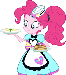 Size: 3700x4250 | Tagged: safe, artist:octosquish7260, derpibooru import, pinkie pie, human, equestria girls, g4, apron, clothes, egg (food), female, food, fried egg, hat, pancakes, plate, ponytail, server pinkie pie, simple background, skirt, solo, transparent background, waitress