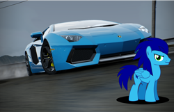 Size: 1114x717 | Tagged: safe, artist:sonicstreak5344, derpibooru import, oc, oc only, pegasus, g4, blue, car, crossover, drifting, epic pose, hot wheels, hot wheels acceleracers, lamborghini, lamborghini aventador, need for speed, need for speed hot pursuit remastered, smoke, solo, sonic the hedgehog, sonic the hedgehog (series), supercar