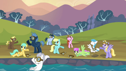 Size: 1280x720 | Tagged: safe, derpibooru import, screencap, airheart, cloud kicker, compass star, jetstream, lightning bolt, merry may, sassaflash, star hunter, sunshower raindrops, white lightning, pegasus, pony, g4, hurricane fluttershy, buddy, great scott (g4), outdoors, time flies