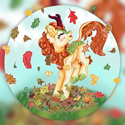 Size: 1280x1280 | Tagged: safe, artist:niveria25, derpibooru import, autumn blaze, kirin, g4, autumn, autumn leaves, awwtumn blaze, blushing, cute, eyes closed, female, leaves, mare, open mouth, open smile, outdoors, prancing, smiling, solo