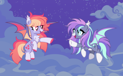 Size: 9480x5851 | Tagged: safe, artist:kojibiose, derpibooru import, oc, oc only, oc:snoozy star, oc:starry love, bat pony, pony, g4, cloud, female, flying, mare, outdoors