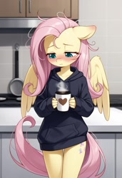 Size: 832x1216 | Tagged: safe, ai content, derpibooru import, machine learning generated, fluttershy, anthro, pegasus, g4, blush lines, blushing, clothes, coffee, coffee mug, cute, female, hoodie, indoors, kitchen, lidded eyes, mare, messy mane, mug, prompter:vtaviscratch, shyabetes, sleepy, solo, sweatshirt, tired