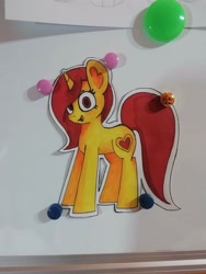 Size: 3120x4160 | Tagged: safe, artist:mashee, derpibooru import, oc, oc:mashee, pony, unicorn, g4, brown mane, cheerful, colored, cute, drawing, happy, horn, magnet, original art, original style, simple background, sticker, warm, white background, whiteboard, yellow coat