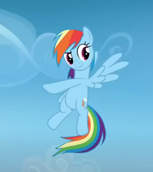 Size: 486x548 | Tagged: safe, derpibooru import, screencap, rainbow dash, pegasus, pony, g4, top bolt, cropped, flying, outdoors, pointing, smiling, solo