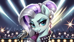 Size: 5120x2880 | Tagged: safe, ai content, derpibooru import, machine learning generated, coloratura, earth pony, pony, g4, audience, audience reaction, background pony audience, bust, concert, countess coloratura, female, microphone, prompter:bluetoothworld, smiling