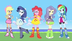 Size: 1280x720 | Tagged: safe, derpibooru import, applejack, fluttershy, pinkie pie, rainbow dash, rarity, equestria girls, g4, belt, boots, clothes, cowboy boots, cowboy hat, hat, high heel boots, humane five, jacket, outdoors, shirt, shoes, skirt, socks, solo, vest