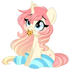 Size: 1593x1611 | Tagged: safe, artist:emberslament, derpibooru import, oc, oc only, oc:radiant soirée, pony, unicorn, blushing, clothes, cookie, cute, female, food, gradient mane, heart, heart eyes, looking up, mare, mouth hold, simple background, sitting, socks, striped socks, transparent background, wingding eyes