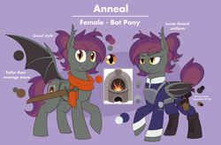 Size: 4180x2736 | Tagged: safe, artist:moonatik, derpibooru import, oc, oc only, oc:anneal, bat pony, pony, bat pony oc, boots, clothes, female, mare, military uniform, ponytail, reference sheet, scabbard, shoes, solo, sword, tail, tail bun, uniform, weapon