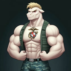 Size: 1024x1024 | Tagged: safe, ai content, derpibooru import, machine learning generated, bulk biceps, anthro, g4, clothes, cosplay, costume, ears back, fatigues, flexing, g.i. joe, generator:google imagen 3.0, gradient background, gung-ho, male, marine, marines, muscles, muscular male, prompter:zerowinger, smiling, solo, tattoo, vest