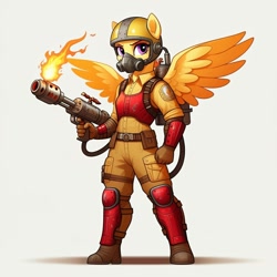 Size: 1024x1024 | Tagged: safe, ai content, derpibooru import, machine learning generated, blaze, anthro, pegasus, plantigrade anthro, g4, blowtorch, body armor, clothes, cosplay, costume, female, flamethrower, g.i. joe, generator:google imagen 3.0, helmet, oxygen mask, prompter:zerowinger, shadow, simple background, solo, spread wings, weapon, wings