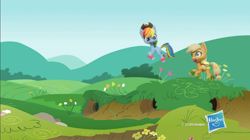 Size: 1164x652 | Tagged: safe, derpibooru import, screencap, applejack, rainbow dash, duo, duo female, female, grass, grass field, hasbro, hasbro logo, logo, sky