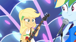 Size: 1156x646 | Tagged: safe, derpibooru import, applejack, rainbow dash, equestria girls, g4, spring breakdown, bare shoulders, blushing, equestria girls specials, green blush, guitar, light, microphone, musical instrument, sea sickness, sleeveless