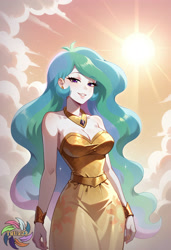 Size: 2496x3648 | Tagged: safe, ai content, derpibooru import, machine learning generated, princess celestia, human, equestria girls, g4, bare shoulders, breasts, clothes, collar, dress, gold, looking at you, ornament, outdoors, prompter:trux23, sleeveless, smiling, smiling at you, solo, sun, wrist cuffs