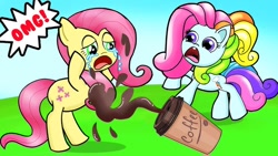 Size: 686x386 | Tagged: safe, derpibooru import, fluttershy, rainbow dash (g3), g3, g4, coffee, crying, duo, generation leap, omg, outdoors, weird youtube kids video, wtf, youtube link, youtube thumbnail