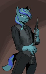 Size: 821x1324 | Tagged: safe, artist:double-zr-tap, derpibooru import, oc, oc only, oc:rocky blues, anthro, clothes, commissioner:legionofblues, musical instrument, necktie, oboe, performance outfit, solo, vest