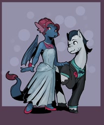 Size: 1146x1374 | Tagged: safe, artist:double-zr-tap, derpibooru import, oc, oc:louie hooferson, oc:milady, dragon, earth pony, hybrid, zebra, clothes, commissioner:legionofblues, couple, dress, duo, earth pony oc, female, high heels, hybrid oc, male, oc x oc, passepartout, shipping, shoes, tuxedo, wings, zebra oc